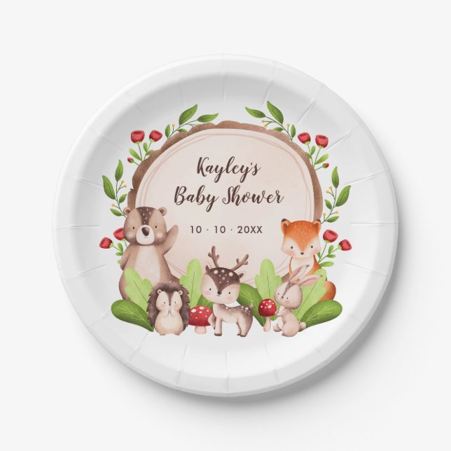 Modern Baby Shower Paper Plates Woodland Animals (Front)