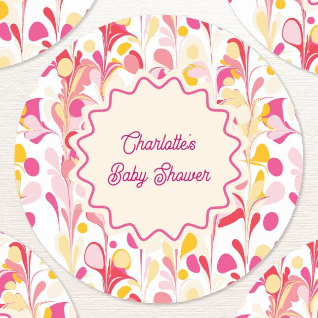 Modern Baby Shower Retro Abstract Pink Wavy Classic Round Sticker (Modern retro groovy abstract pattern personalized baby shower sticker)