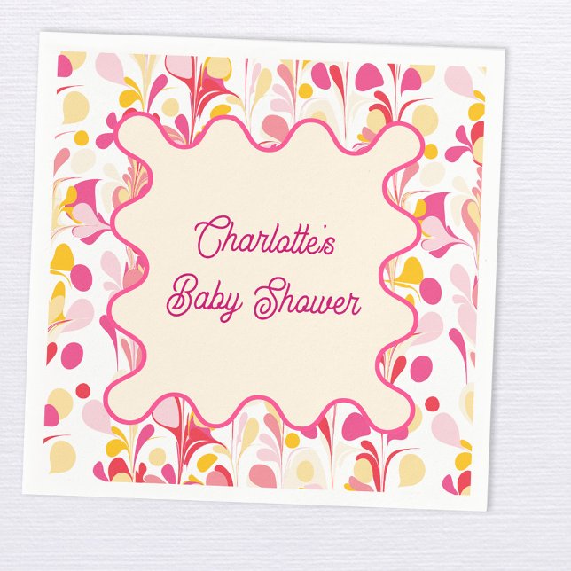 Modern Baby Shower Retro Abstract Pink Wavy Napkin (Modern retro groovy abstract pattern personalized baby shower party paper napkin)