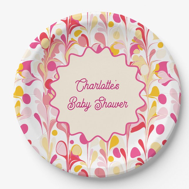 Modern Baby Shower Retro Abstract Pink Wavy Paper Plate (Retro marble pink yellow groovy wave abstract baby shower personalized paper party plates)