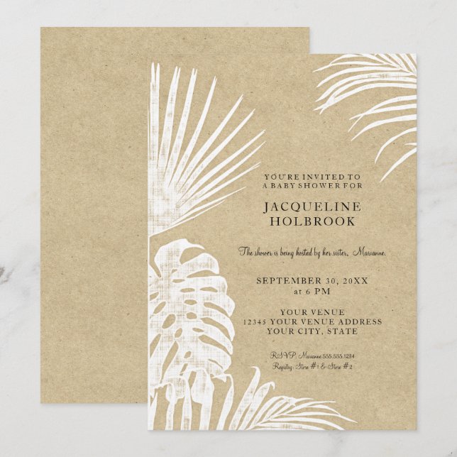 Modern Baby Shower Simple Kraft Tropical Leaves Invitation (Front/Back)