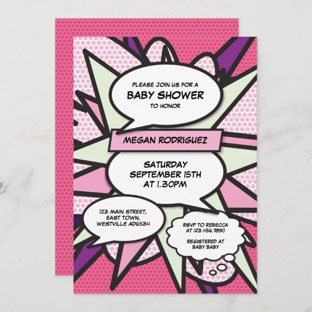 Modern Baby Shower Sprinkle Girl Pink Comic Book Invitation (Front/Back)