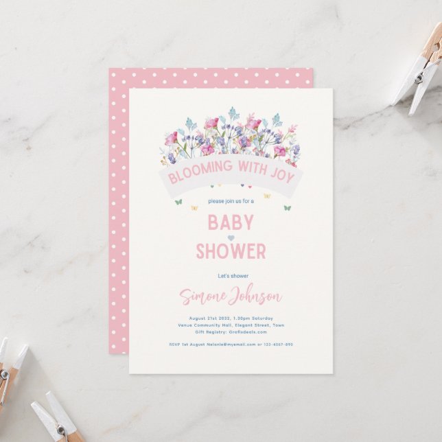 Modern Baby Shower Theme Wildflowers Girls Invitation (Front/Back In Situ)
