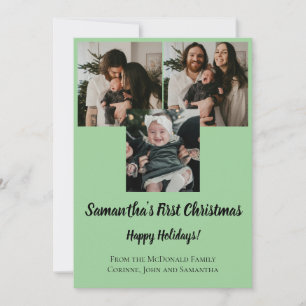 Modern baby's first Christmas 3 photo name green Invitation
