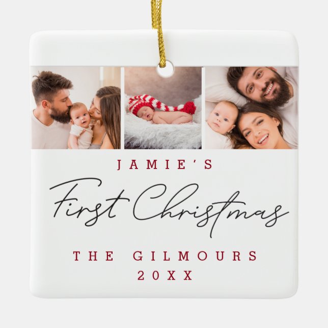 Modern Baby's First Christmas 3 Photos Custom  Ceramic Ornament (Front)