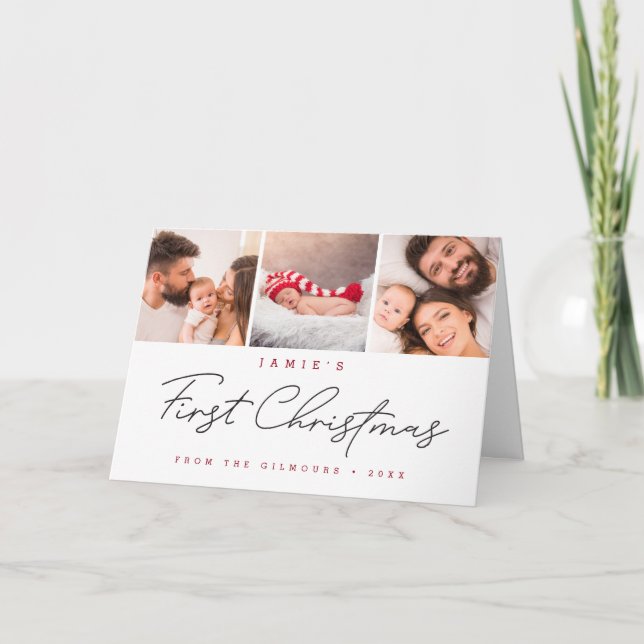 Modern Baby's First Christmas Custom 3 Photos Holiday Card (Front)