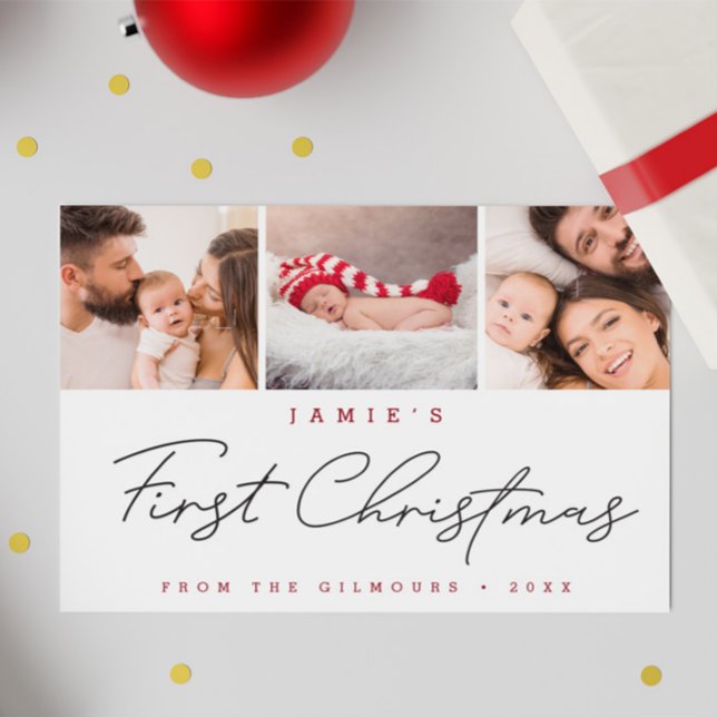 Modern Baby's First Christmas Custom 3 Photos Holiday Card (Baby's first christmas photo holiday card.)