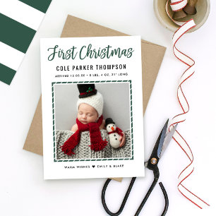 Modern Babys First Christmas Green Stripes Photo Holiday Card