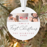 Modern Baby's First Christmas Multi Photos Custom  Ornament<br><div class="desc">Sometimes one photo on an ornament just isn't enough to capture the Baby's First Christmas memories. This template has 3 photos which you can use to include family photos, baby picture and other memorable shots. Modern, handlettering script typography paired with class typewriter style font. Include baby's name, the family name...</div>