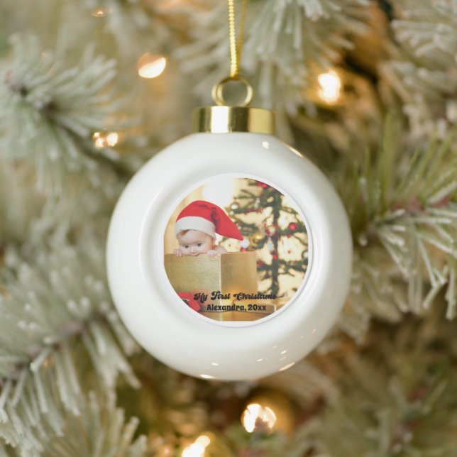 Modern Baby's First Christmas Photo Ceramic Ball Christmas Ornament (Tree)