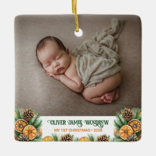 Modern Baby's First Christmas Photo Ceramic Ornament