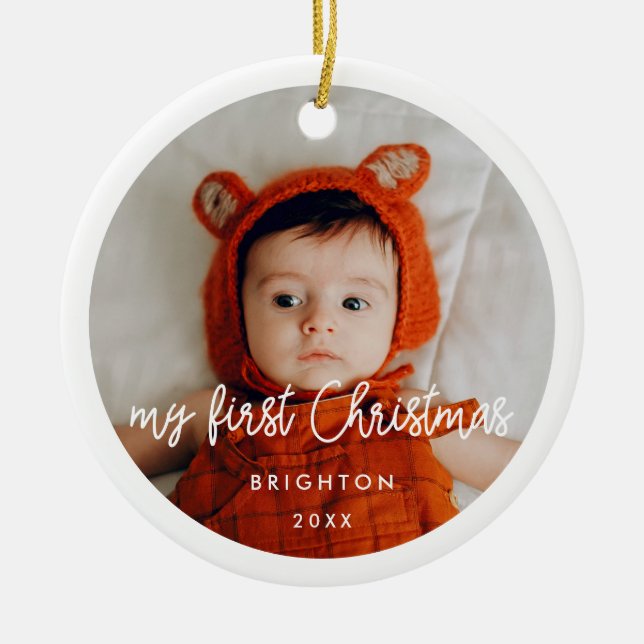 Modern Baby's first Christmas photo Ceramic Tree Decoration (Front)