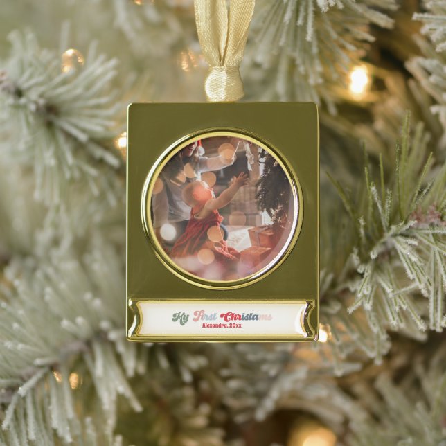 Modern Baby's First Christmas Photo Gold Plated Banner Ornament (Tree)