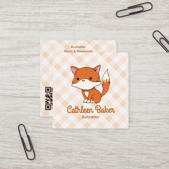 Modern Babysitting Business | Fox Gingham Pattern Square Business Card (Front/Back In Situ)