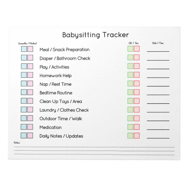 Modern Babysitting Tracker Task Planner Notepad (Front)