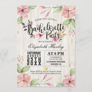 Modern Bachelorette Party Pink Flowers Rustic Wood Invitation