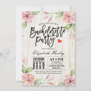 Modern Bachelorette Party Pink Flowers Rustic Wood Invitation