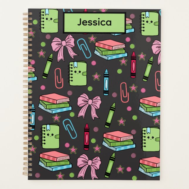 Modern Back To School Coquette Pink Green Planner (Front)