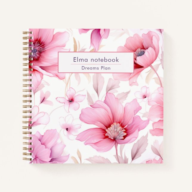 Modern back to school pink watercolor floral  notebook (Front)