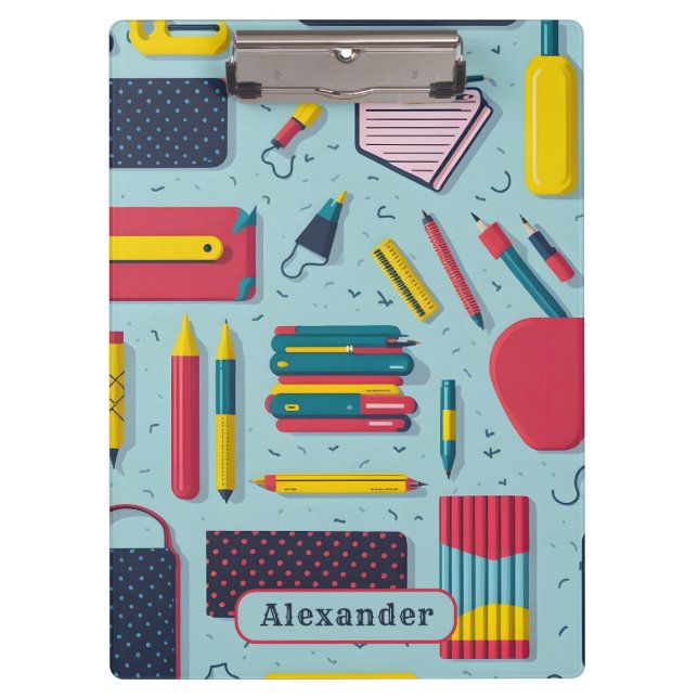 Modern Back to School Supplies Pattern Name Clipboard (Front)
