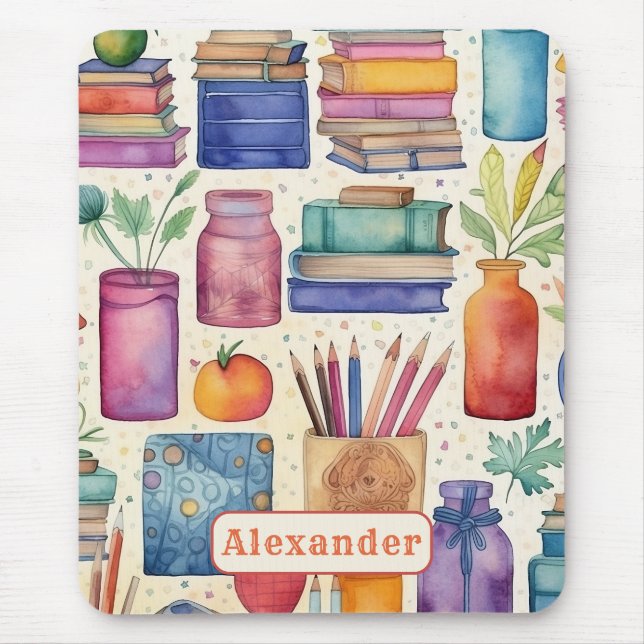 Modern Back to School Supplies Pattern Name Mouse Mat (Front)