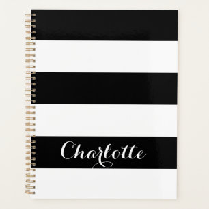 Modern back white striped custom script name planner