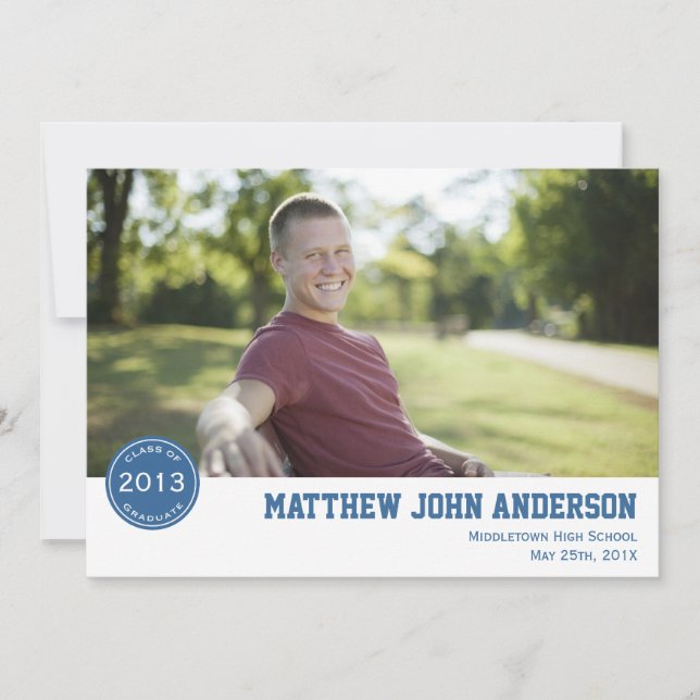 Modern Badge Photo Graduation Invitation - Blue (Front)