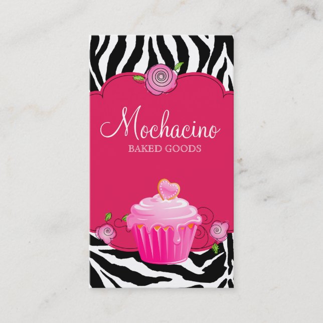 Modern Bakery Business Card Cupcake Zebra Pink (Front)