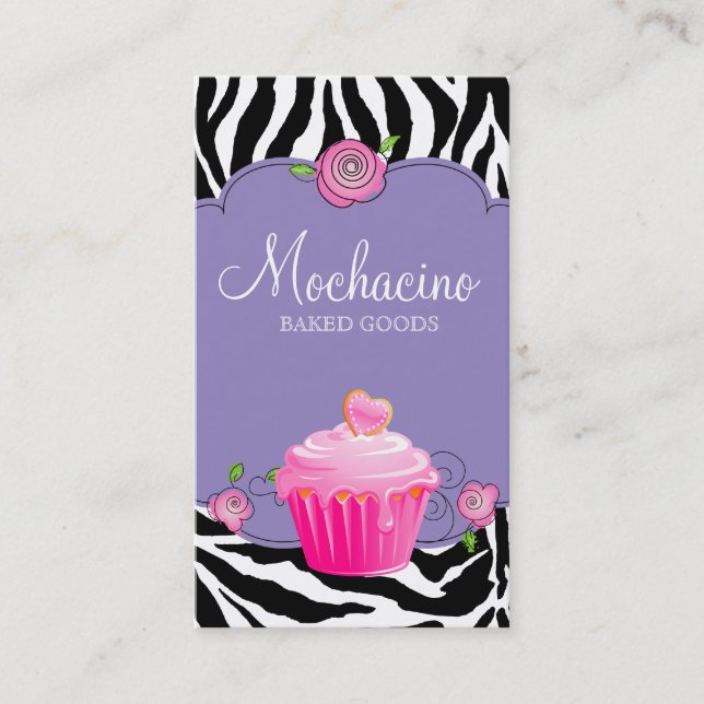 Modern Bakery Business Card Cupcake Zebra Purple (Front)