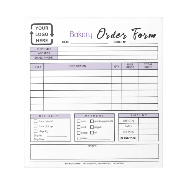 Modern Bakery Cafe Purple Order Form Notepad (Front)