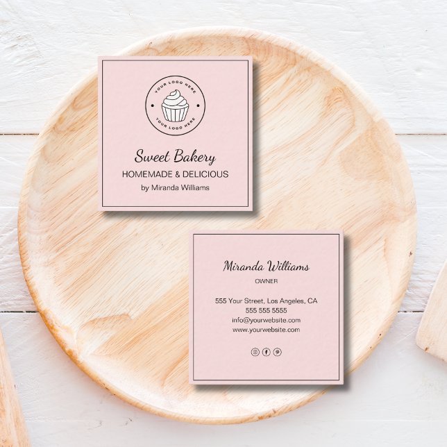 Modern Bakery Custom Logo Pink Square Business Card (Modern Bakery Custom Logo Pink Square Business Card)