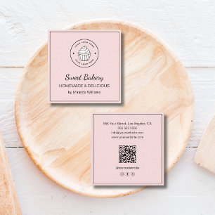 Modern Bakery Custom Logo QR Social Media Pink Square Business Card