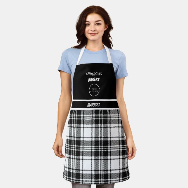 Modern Bakery logo Black & White Plaid Name  Apron (Worn)