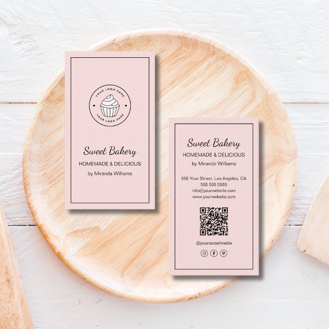 Modern Bakery Logo QR Social Media Icons Pink Business Card (Modern Bakery Logo QR Social Media Icons Pink Business Card)