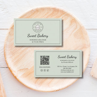 Modern Bakery Logo QR Social Media Sage Green Business Card