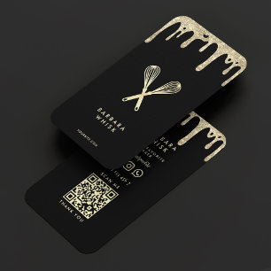 Modern Bakery Pastry Whisk Black Gold Drip Business Card