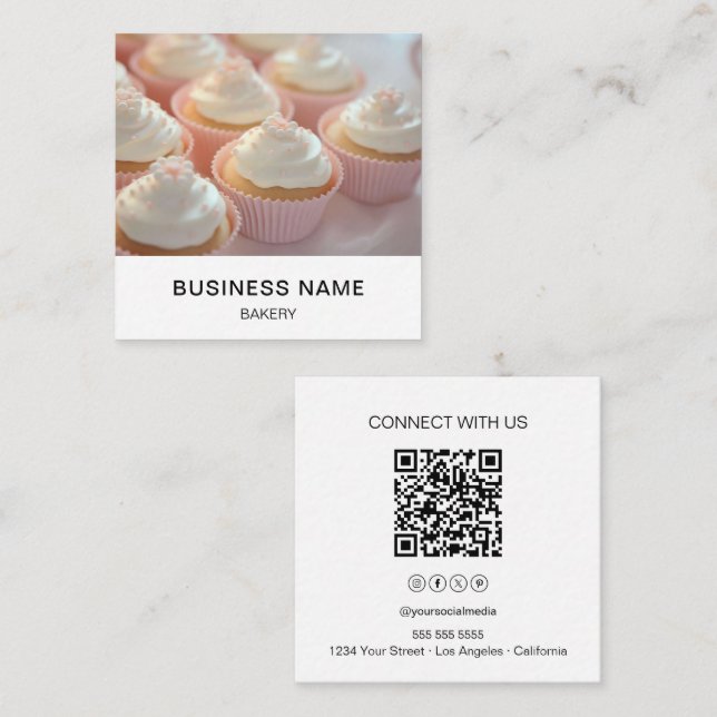 Modern Bakery Photo QR Social Media Icons Square Business Card (Front/Back)