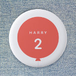 Modern Balloon | Coral Pink Birthday Party Age 6 Cm Round Badge<br><div class="desc">Simple, stylish and fun birthday badge with your custom "<name>" and "<age>" text in modern typography in crisp white on a simple round balloon design in coral pink with a straight gray string in a minimalist Scandinavian 'Scandi' style. Add the name and age of a loved one for a truly...</div>