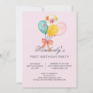 Modern Balloons Custom Photo Girl First Birthday Invitation