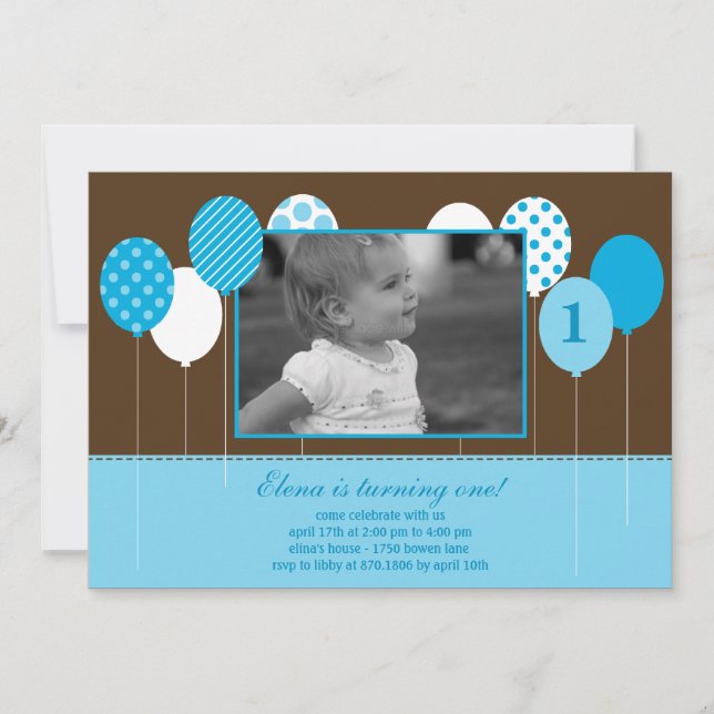 Modern Balloons Photo Birthday Invitation - Blue (Front)