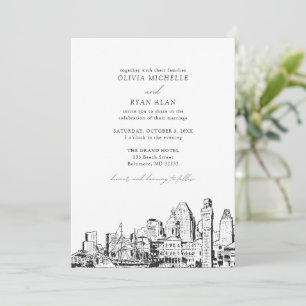Modern Baltimore Skyline Black & White Wedding Invitation