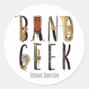 Modern Band Geek Musical Instrument Add Name Classic Round Sticker