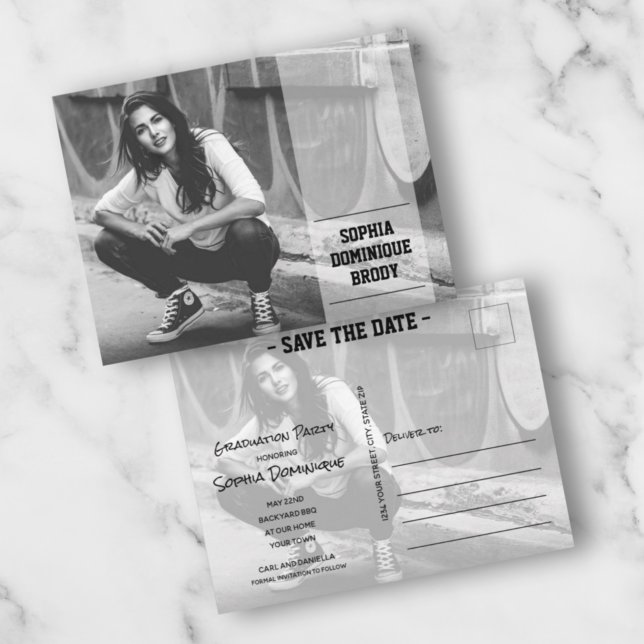 Modern Banner Graduation Photo Save the Date Postcard (Creator Uploaded)