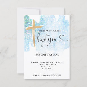 Modern Baptism Blue Watercolor Cross Christening Invitation
