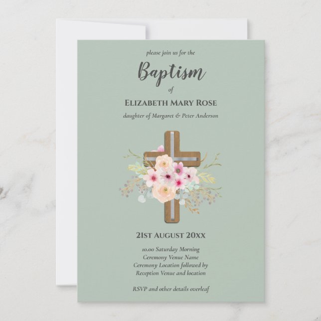 Modern BAPTISM Christening Bautizo INVITE FLORAL (Front)