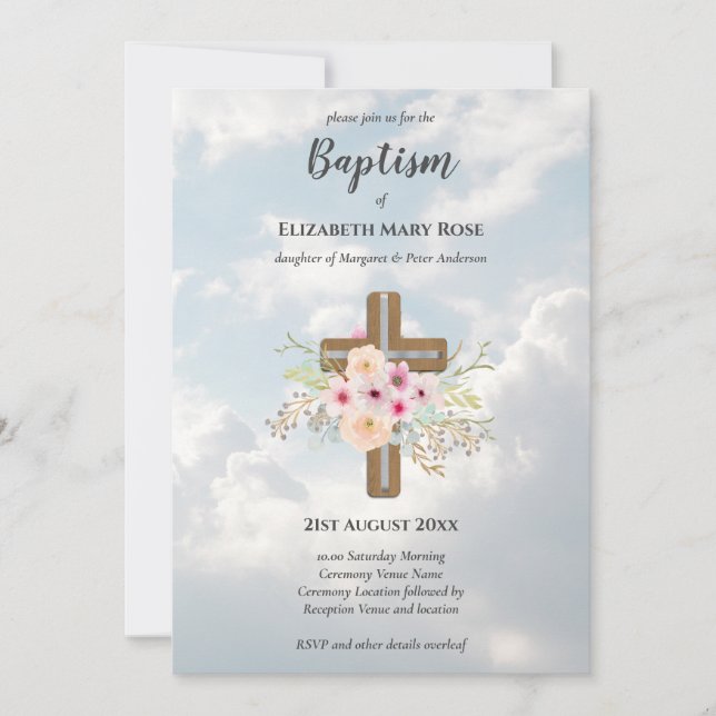 Modern BAPTISM Christening Bautizo INVITE FLORAL (Front)