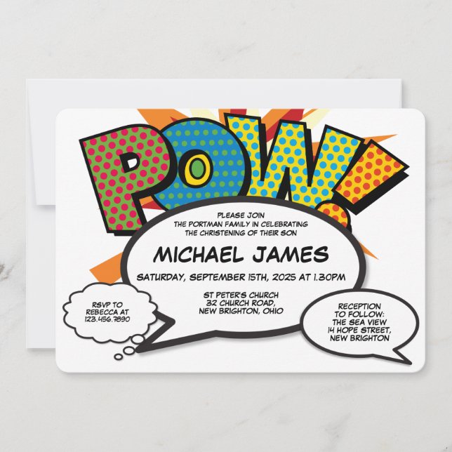Modern Baptism Christening Fun Comic Book Invitation (Front)
