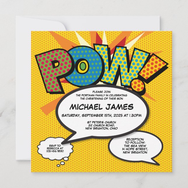 Modern Baptism Christening Fun Comic Book Photo Invitation (Front)