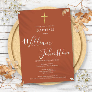 Modern Baptism Christening Gold Cross Terracotta Invitation