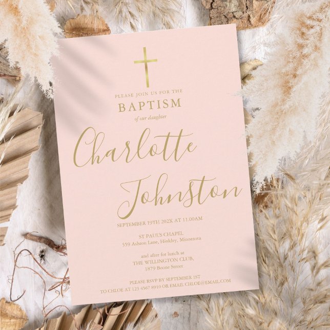 Modern Baptism Christening Gold Script Blush Pink Invitation (Modern Baptism Christening Gold Script Blush Pink Invitation)